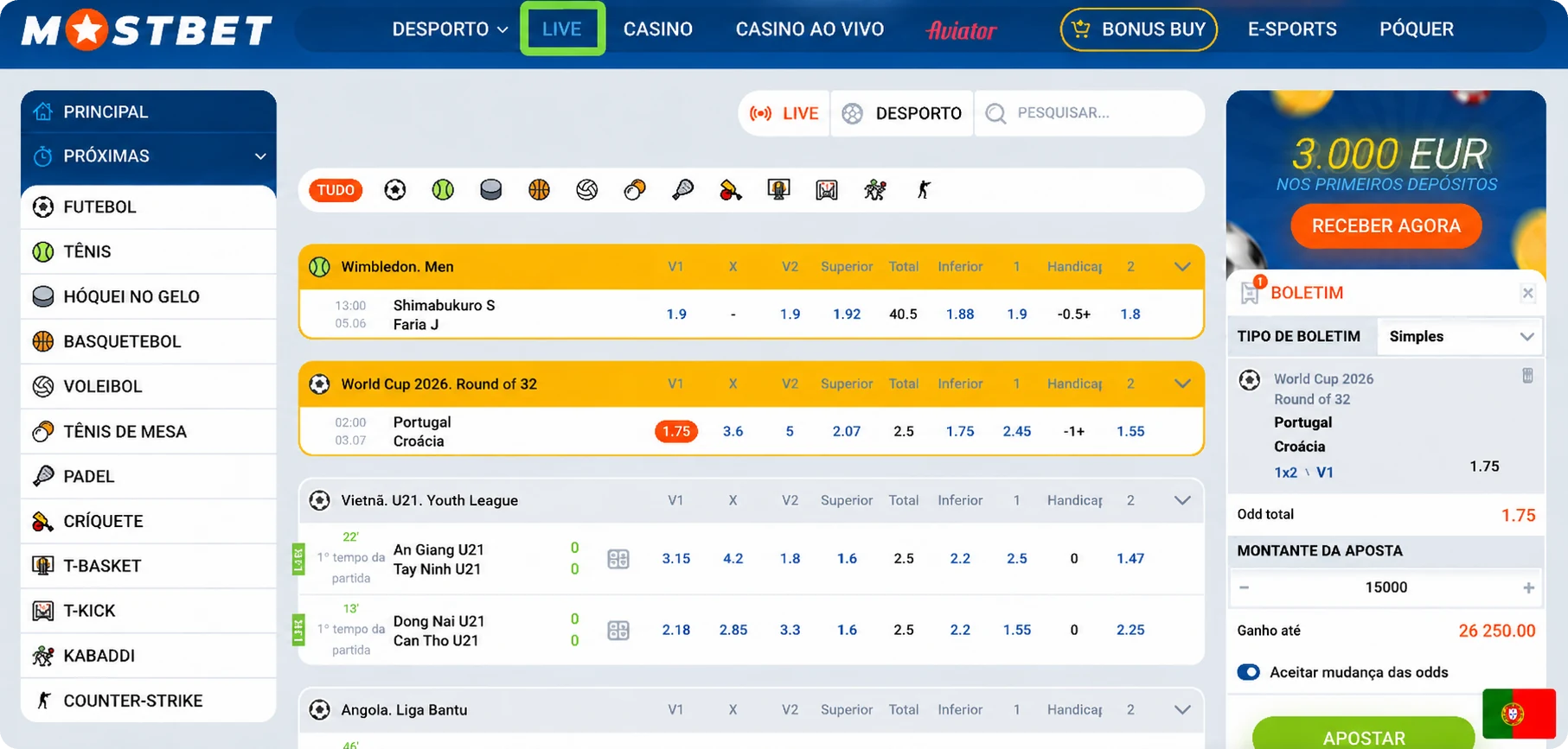 Linha de futebol na Mostbet com mercados de apostas