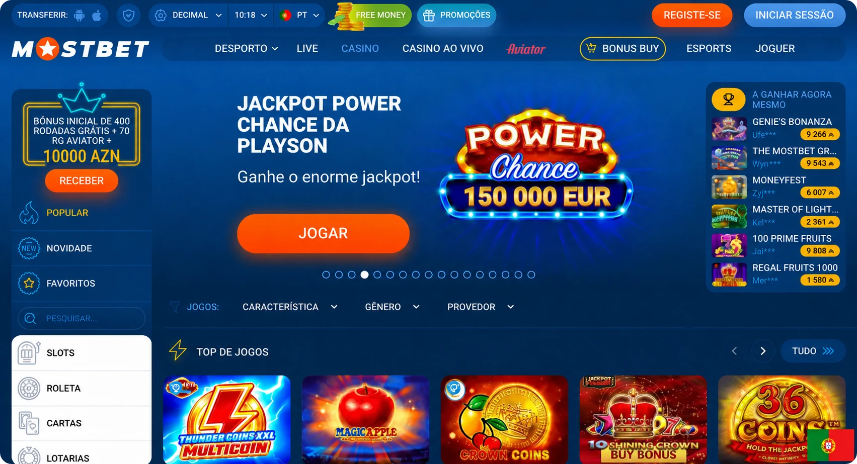 Lobby do casino Mostbet com jackpot Power Chance